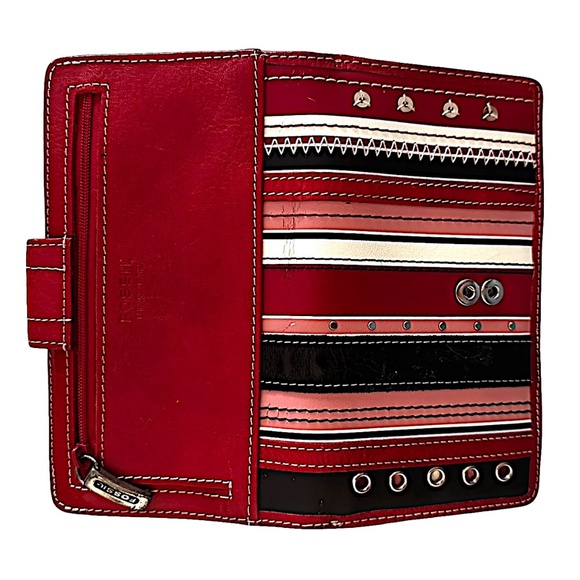 FOSSIL Vintage Red Leather Wallet 6.5”x 3.5” Striped - Picture 4 of 8